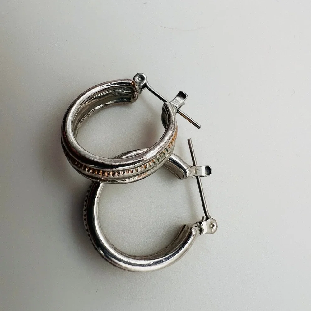 Two Tone Silver Gold Hoop Earrings Small C Hoop Lever Back Mixed Metal